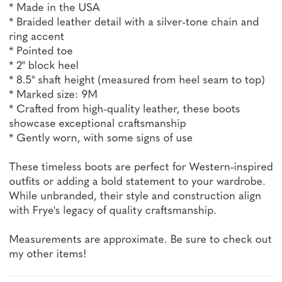 Vtg Frye Leather Boots Women's Sz 9 Braided Harness Block 2" Heel Pointed White - Picture 10 of 10